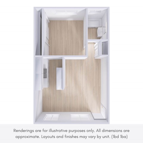 A 3D rendering of a small, open-concept apartment with a kitchen, living room, and bathroom.